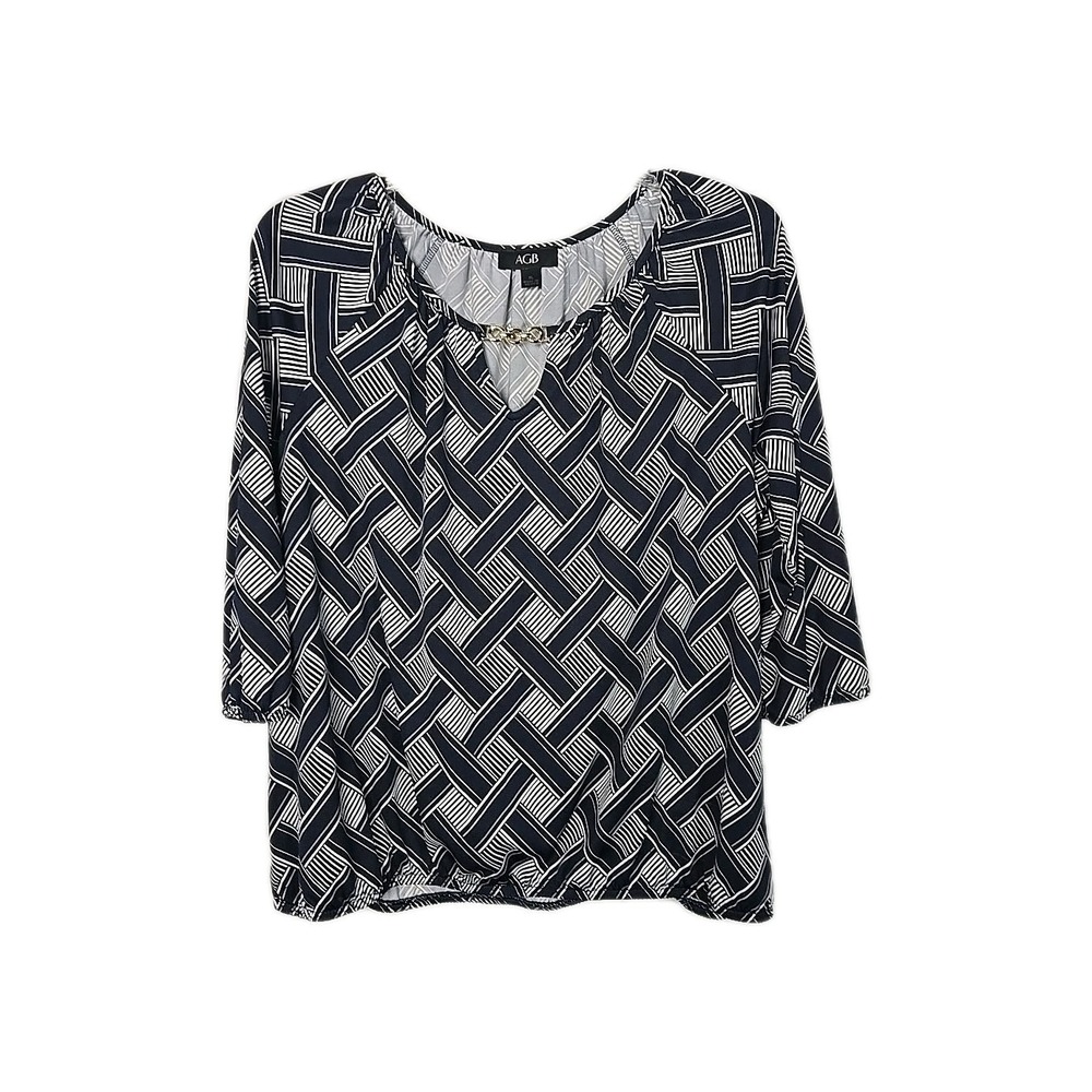 AGB Navy‎ White Geometric Stretch Knit Banded Bottom Chain Accent Top Size XL